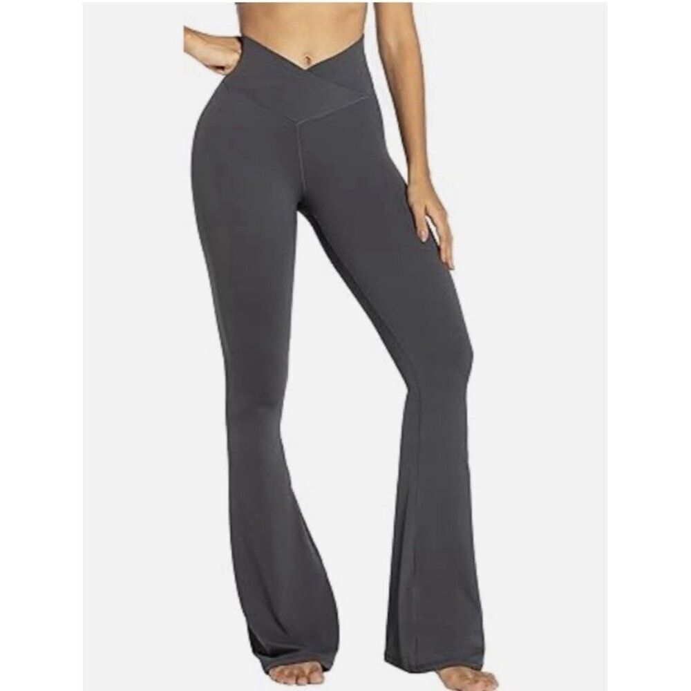 sunzel flare leggings Solid Gray Crossover Front Yoga Athletic Workout Xs
